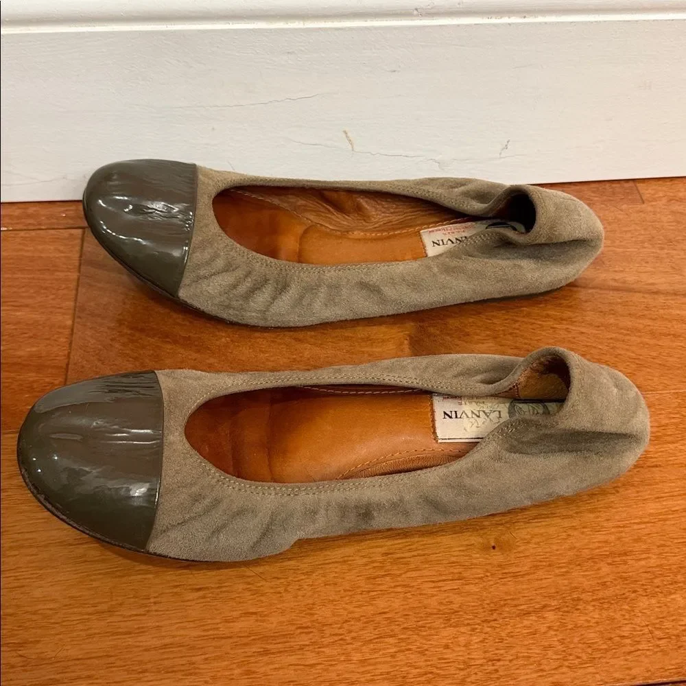 Lanvin Paris Cap Toe Ballet Flats Brown Gray‎ Suede Black Patent Leather 37